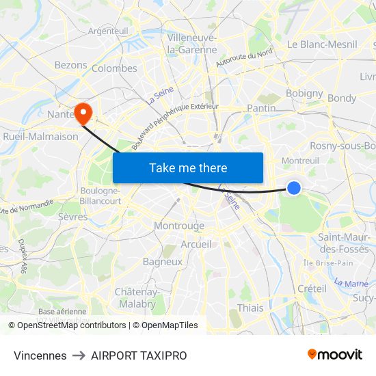 Vincennes to AIRPORT TAXIPRO map