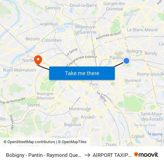 Bobigny - Pantin - Raymond Queneau to AIRPORT TAXIPRO map