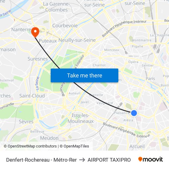 Denfert-Rochereau - Métro-Rer to AIRPORT TAXIPRO map