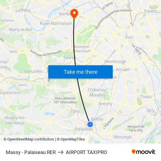 Massy - Palaiseau RER to AIRPORT TAXIPRO map