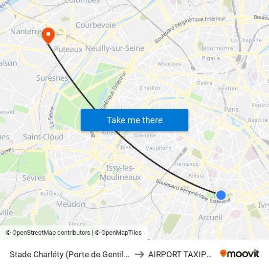 Stade Charléty (Porte de Gentilly) to AIRPORT TAXIPRO map