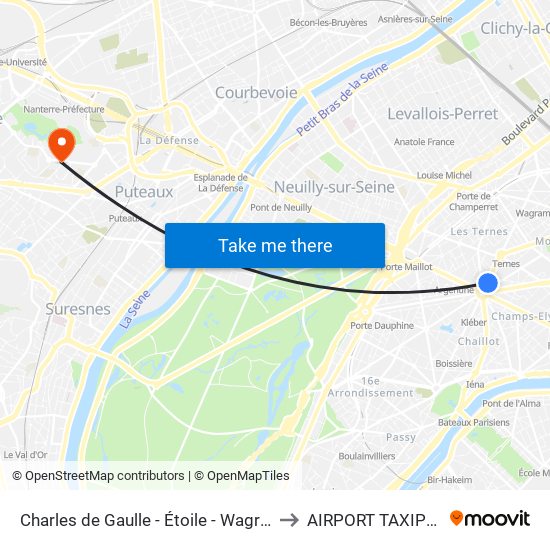 Charles de Gaulle - Étoile - Wagram to AIRPORT TAXIPRO map