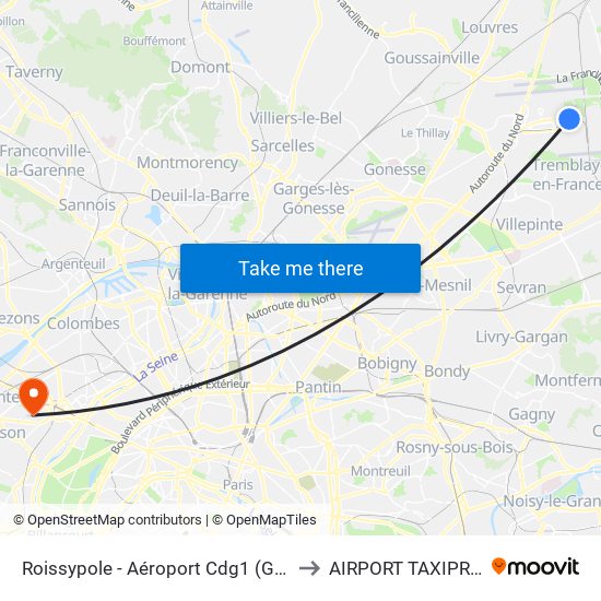 Roissypole - Aéroport Cdg1 (G1) to AIRPORT TAXIPRO map