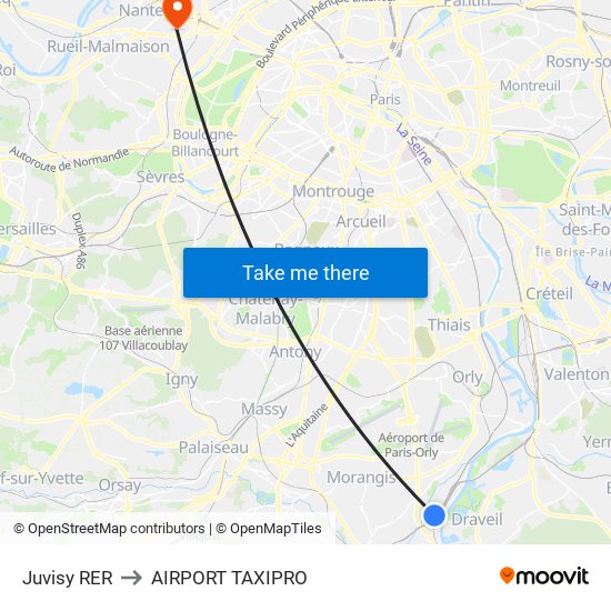 Juvisy RER to AIRPORT TAXIPRO map