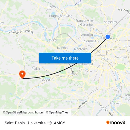Saint-Denis - Université to AMCY map