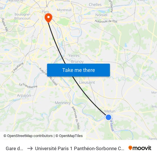 Gare de Melun to Université Paris 1 Panthéon-Sorbonne Centre Pierre Mendès-France map