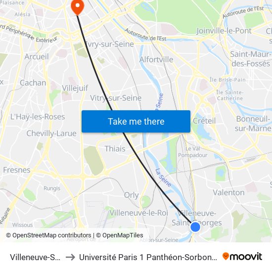 Villeneuve-Saint-Georges to Université Paris 1 Panthéon-Sorbonne Centre Pierre Mendès-France map