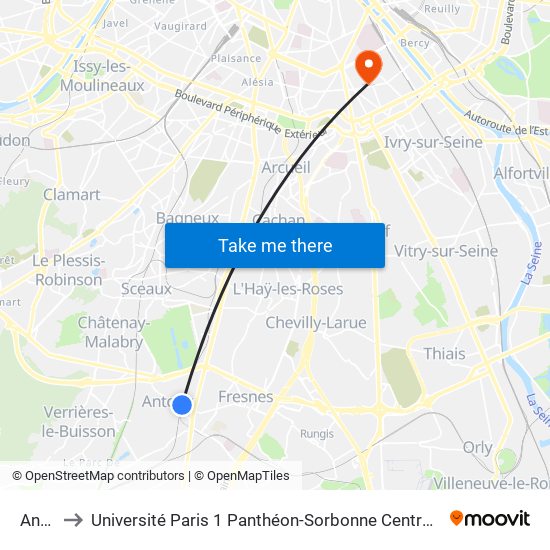 Antony to Université Paris 1 Panthéon-Sorbonne Centre Pierre Mendès-France map