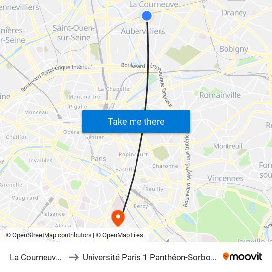 La Courneuve - Aubervilliers to Université Paris 1 Panthéon-Sorbonne Centre Pierre Mendès-France map