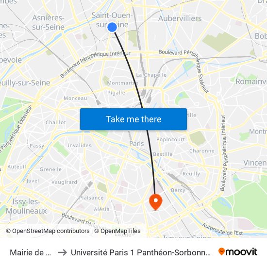 Mairie de Saint-Ouen to Université Paris 1 Panthéon-Sorbonne Centre Pierre Mendès-France map