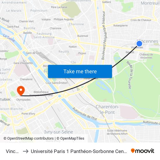 Vincennes to Université Paris 1 Panthéon-Sorbonne Centre Pierre Mendès-France map