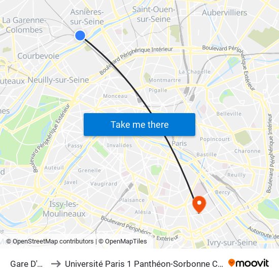 Gare D'Asnieres to Université Paris 1 Panthéon-Sorbonne Centre Pierre Mendès-France map