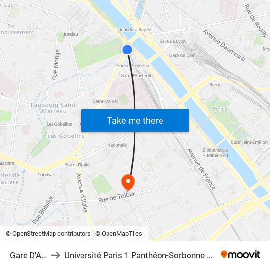 Gare D'Austerlitz to Université Paris 1 Panthéon-Sorbonne Centre Pierre Mendès-France map