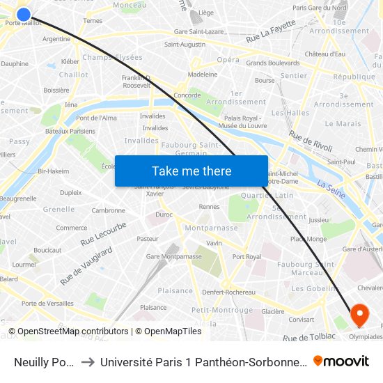 Neuilly Porte Maillot to Université Paris 1 Panthéon-Sorbonne Centre Pierre Mendès-France map