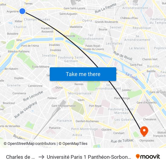 Charles de Gaulle Etoile to Université Paris 1 Panthéon-Sorbonne Centre Pierre Mendès-France map