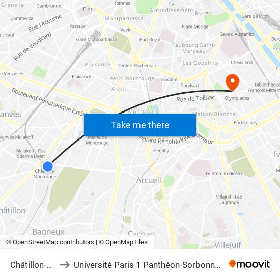 Châtillon-Montrouge to Université Paris 1 Panthéon-Sorbonne Centre Pierre Mendès-France map