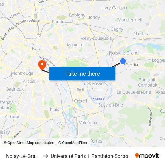 Noisy-Le-Grand - Mont D'Est to Université Paris 1 Panthéon-Sorbonne Centre Pierre Mendès-France map