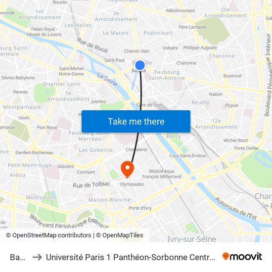 Bastille to Université Paris 1 Panthéon-Sorbonne Centre Pierre Mendès-France map