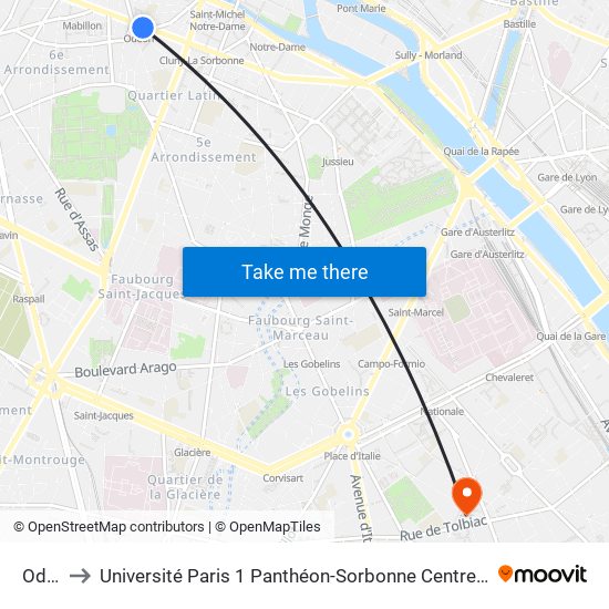 Odéon to Université Paris 1 Panthéon-Sorbonne Centre Pierre Mendès-France map