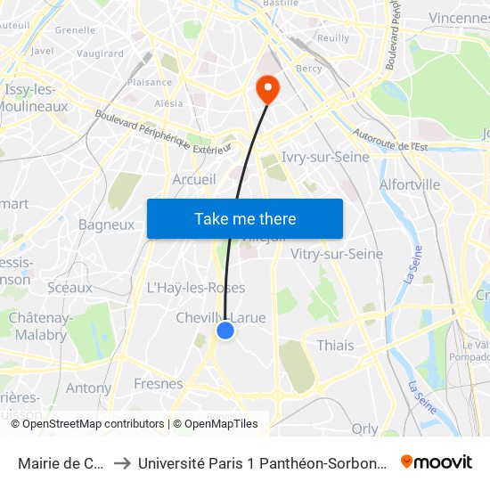 Mairie de Chevilly-Larue to Université Paris 1 Panthéon-Sorbonne Centre Pierre Mendès-France map
