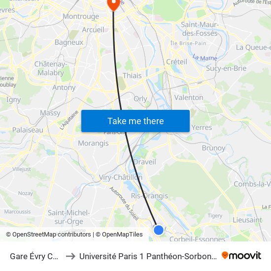 Gare Évry Courcouronnes to Université Paris 1 Panthéon-Sorbonne Centre Pierre Mendès-France map