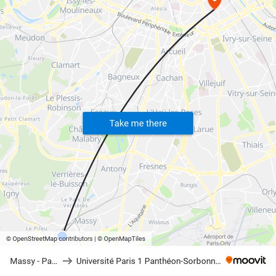 Massy - Palaiseau RER to Université Paris 1 Panthéon-Sorbonne Centre Pierre Mendès-France map