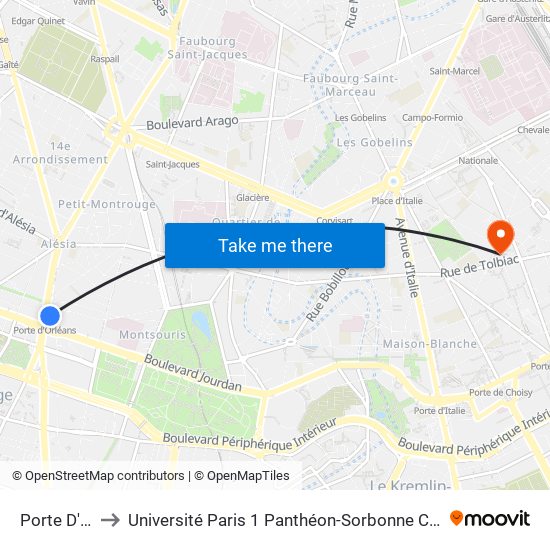 Porte D'Orléans to Université Paris 1 Panthéon-Sorbonne Centre Pierre Mendès-France map
