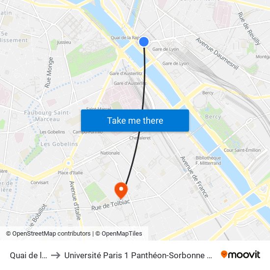 Quai de la Rapée to Université Paris 1 Panthéon-Sorbonne Centre Pierre Mendès-France map