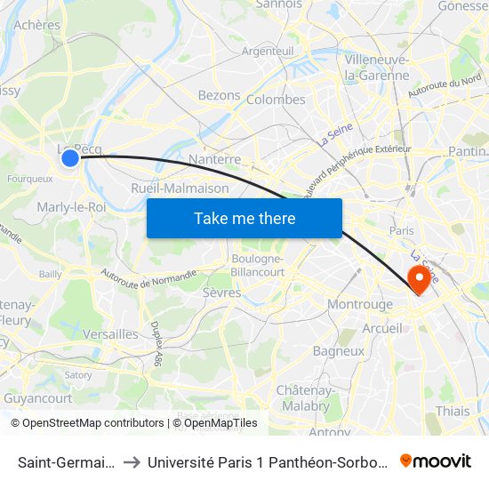 Saint-Germain-En-Laye RER to Université Paris 1 Panthéon-Sorbonne Centre Pierre Mendès-France map