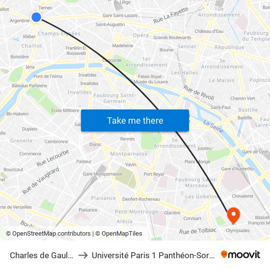 Charles de Gaulle - Étoile - Wagram to Université Paris 1 Panthéon-Sorbonne Centre Pierre Mendès-France map
