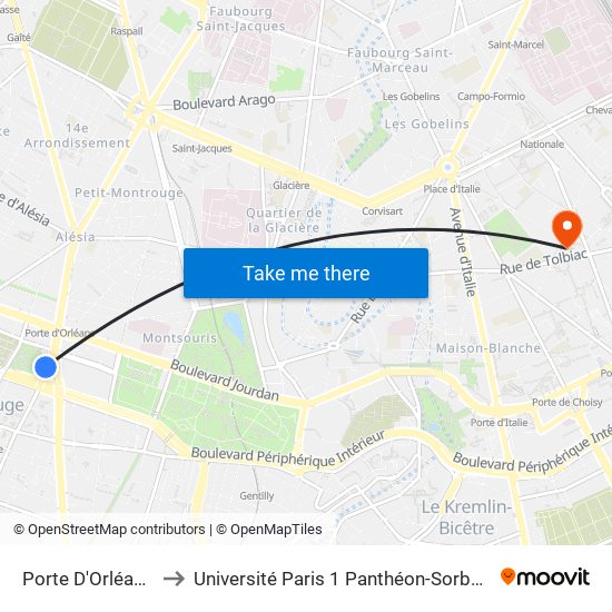 Porte D'Orléans - Ernest Reyer to Université Paris 1 Panthéon-Sorbonne Centre Pierre Mendès-France map