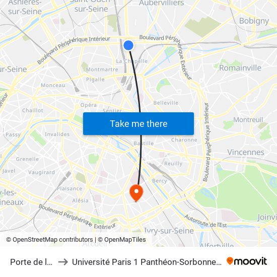 Porte de la Chapelle to Université Paris 1 Panthéon-Sorbonne Centre Pierre Mendès-France map