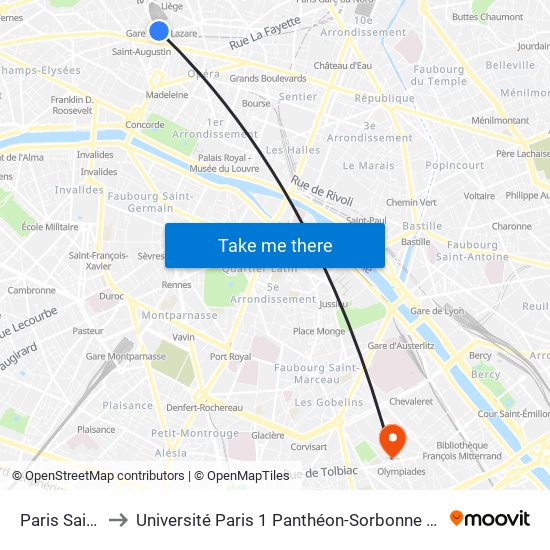Paris Saint-Lazare to Université Paris 1 Panthéon-Sorbonne Centre Pierre Mendès-France map
