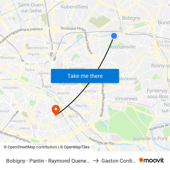 Bobigny - Pantin - Raymond Queneau to Gaston Cordier map