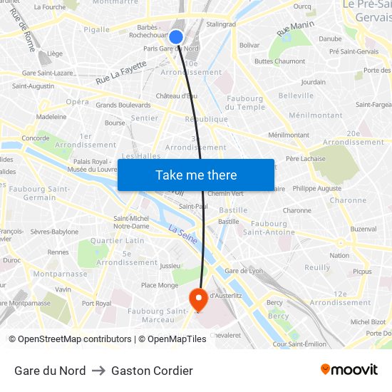 Gare du Nord to Gaston Cordier map