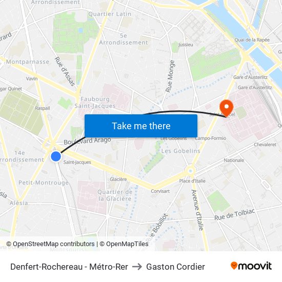 Denfert-Rochereau - Métro-Rer to Gaston Cordier map