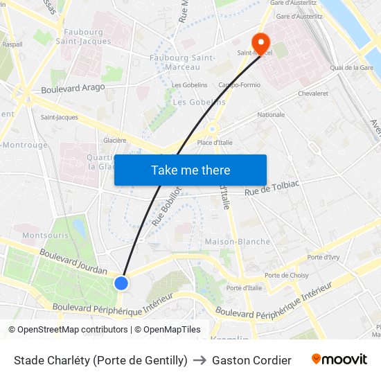 Stade Charléty (Porte de Gentilly) to Gaston Cordier map