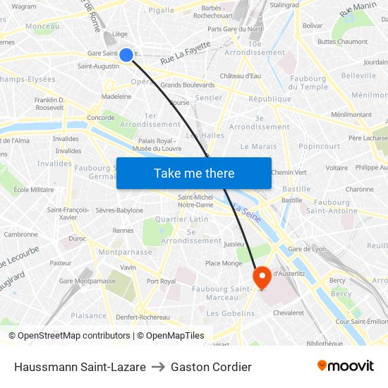 Haussmann Saint-Lazare to Gaston Cordier map