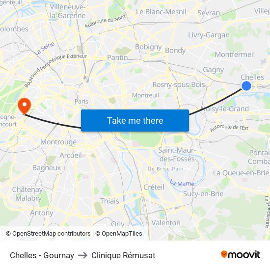 Chelles - Gournay to Clinique Rémusat map
