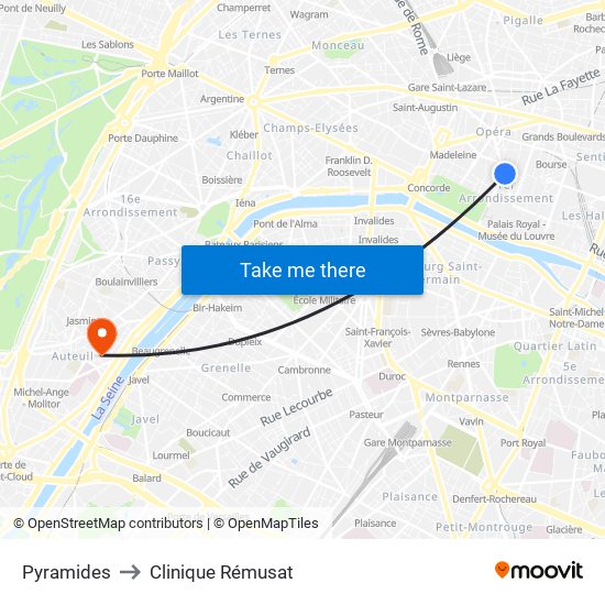 Pyramides to Clinique Rémusat map