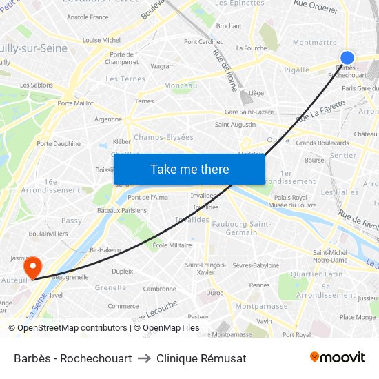 Barbès - Rochechouart to Clinique Rémusat map
