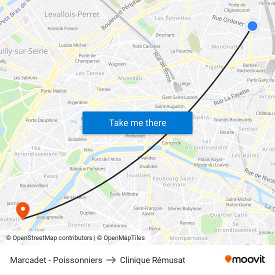 Marcadet - Poissonniers to Clinique Rémusat map