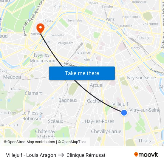 Villejuif - Louis Aragon to Clinique Rémusat map