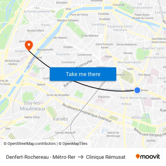 Denfert-Rochereau - Métro-Rer to Clinique Rémusat map