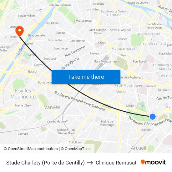 Stade Charléty (Porte de Gentilly) to Clinique Rémusat map