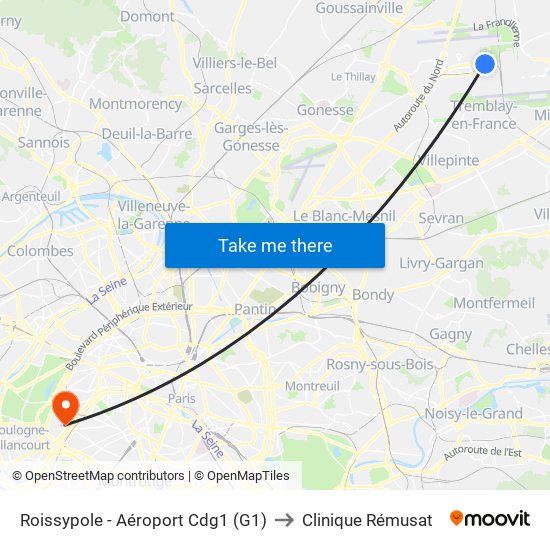 Roissypole - Aéroport Cdg1 (G1) to Clinique Rémusat map