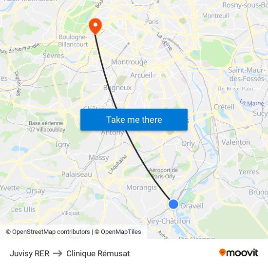 Juvisy RER to Clinique Rémusat map