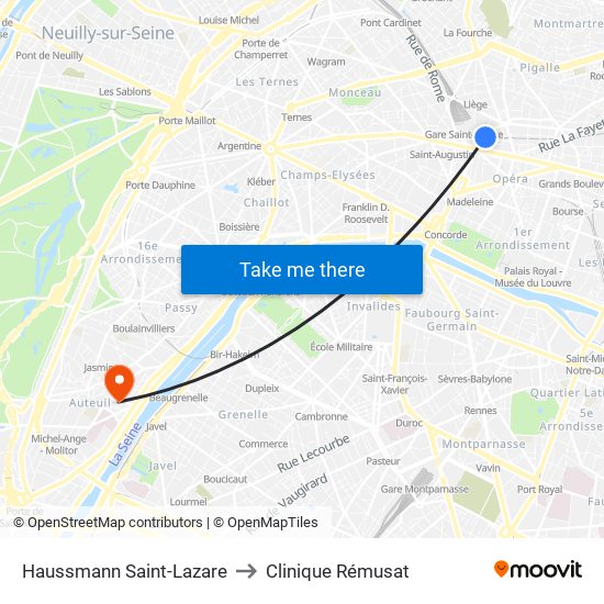 Haussmann Saint-Lazare to Clinique Rémusat map