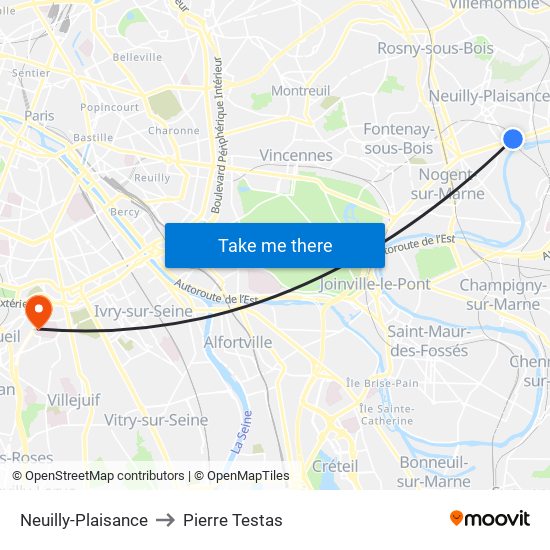 Neuilly-Plaisance to Pierre Testas map