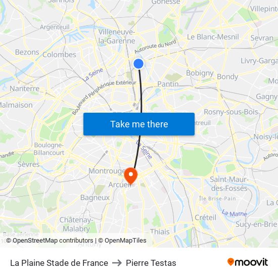La Plaine Stade de France to Pierre Testas map